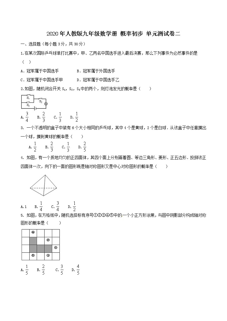 2020年人教版九年级数学上册 概率初步 单元测试卷二（含答案）01