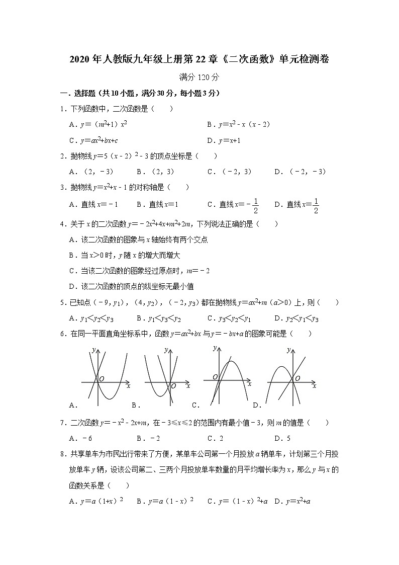 2020年人教版九年级上册第22章《二次函数》单元检测卷    含答案01