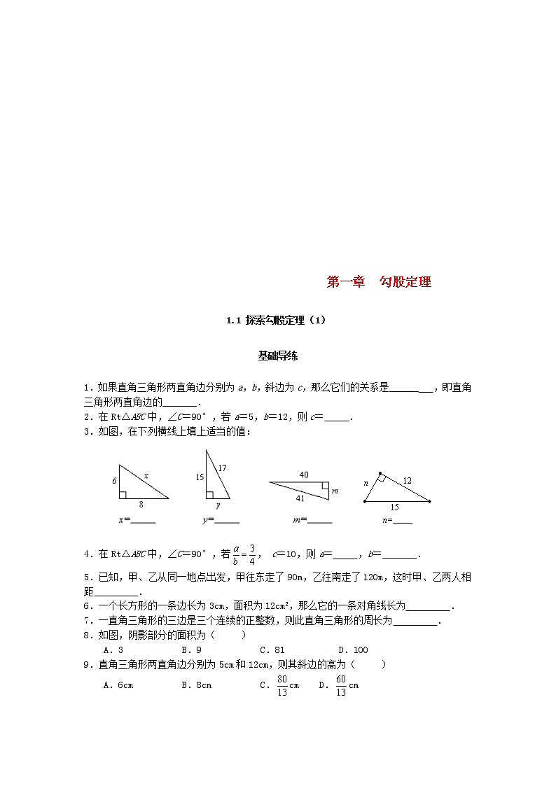 北师大版2020年八年级数学上册第1章 勾股定理1.1探索勾股定理第1课时 课时训练题（含答案）01