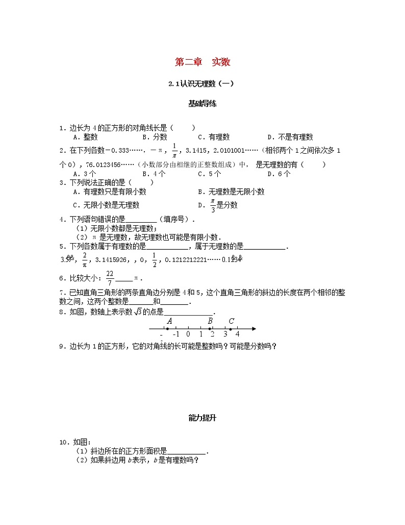 北师大版2020年八年级数学上册第2章 实数2.1认识无理数第1课时 课时训练题（含答案）01