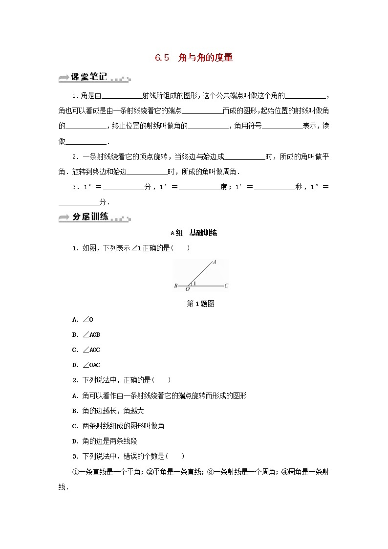 浙教版七年级数学上册第6章图形的初步知识6.5角与角的度量 分层训练（含答案）01
