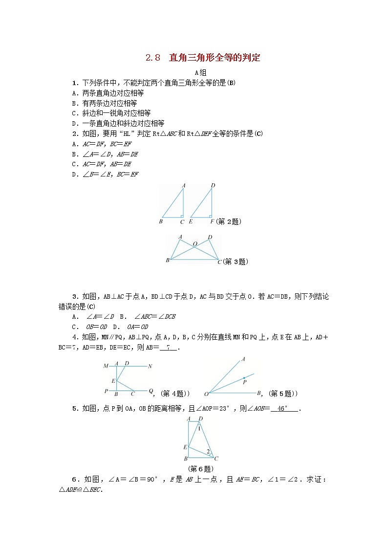 2020年浙教版八年级数学上册第2章特殊三角形2.8直角三角形全等的判定 同步练习（含答案）01