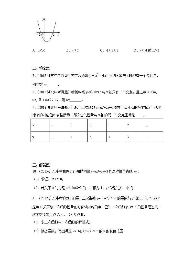 中考数学专项练习：10.2二次函数与一元二次方程02