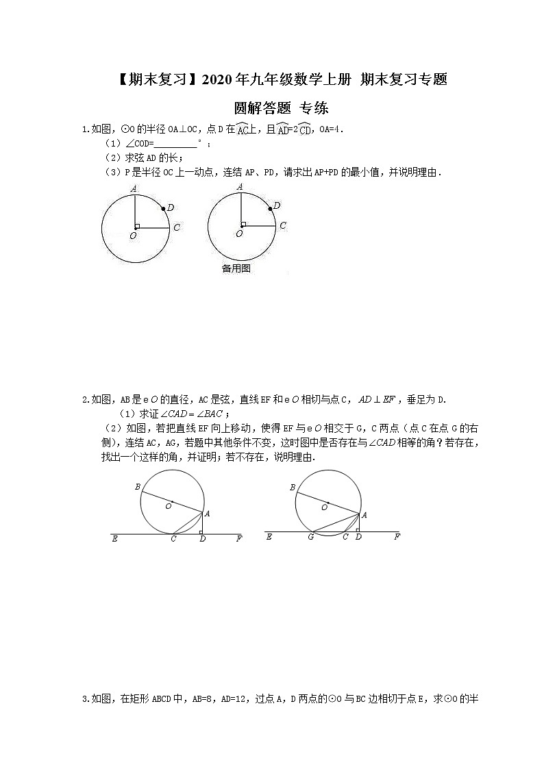 【期末复习】2020年九年级数学上册 期末复习专题 圆解答题 专练（含答案）01