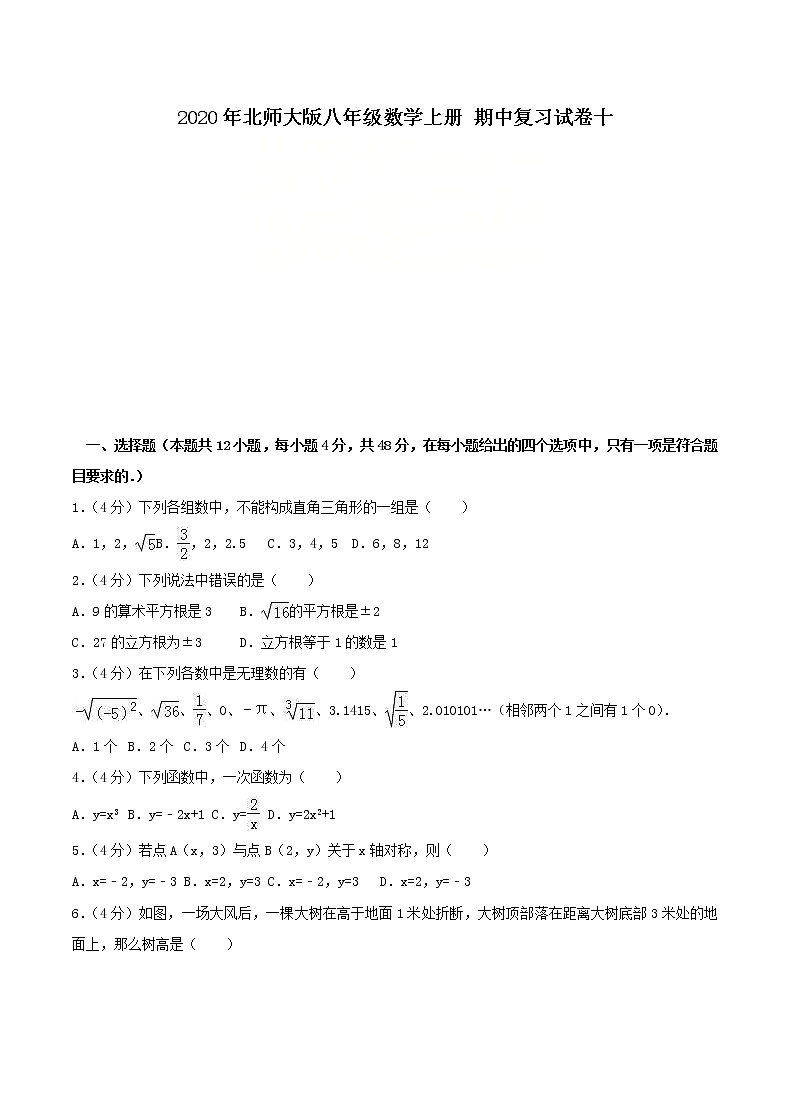 2020年北师大版八年级数学上册 期中复习试卷十（含答案）01