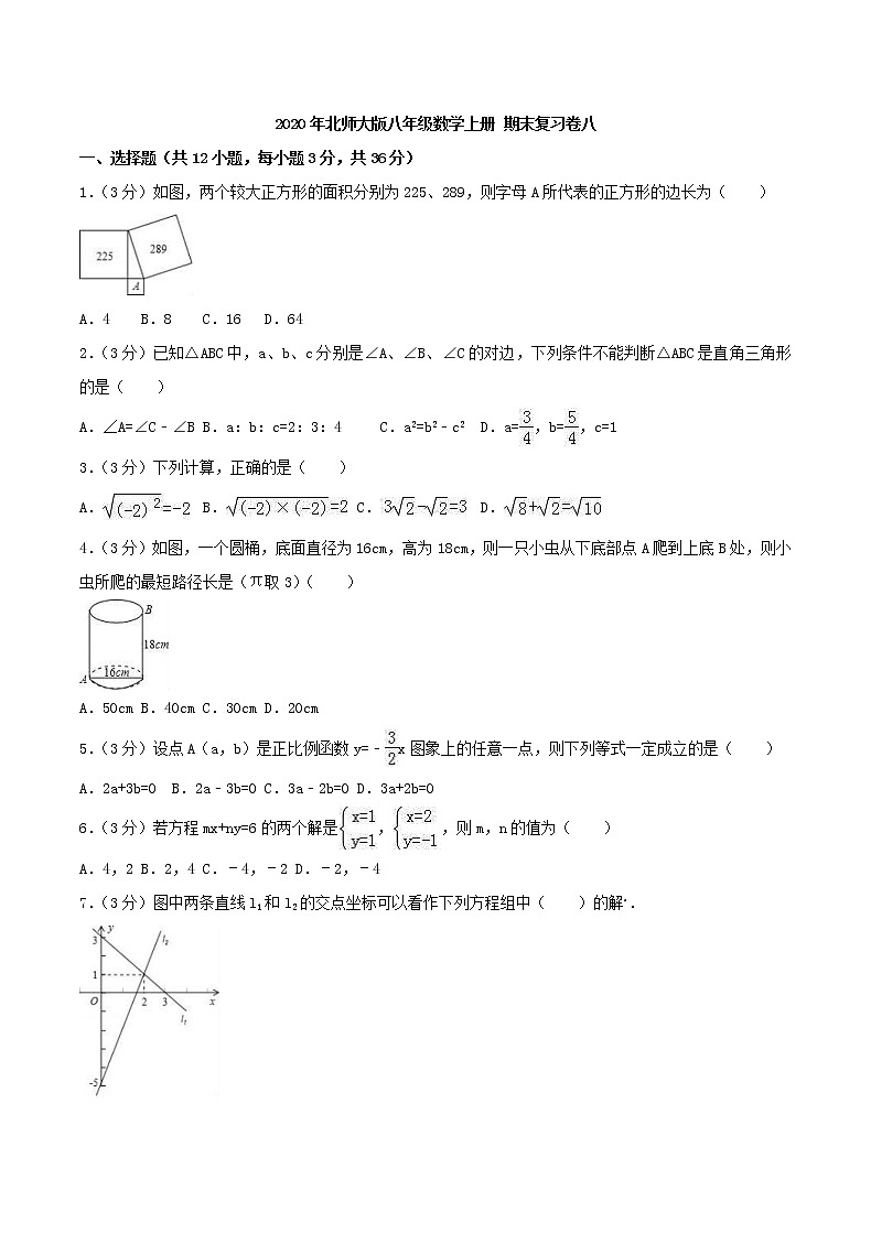 2020年北师大版八年级数学上册 期末复习卷八（含答案）01