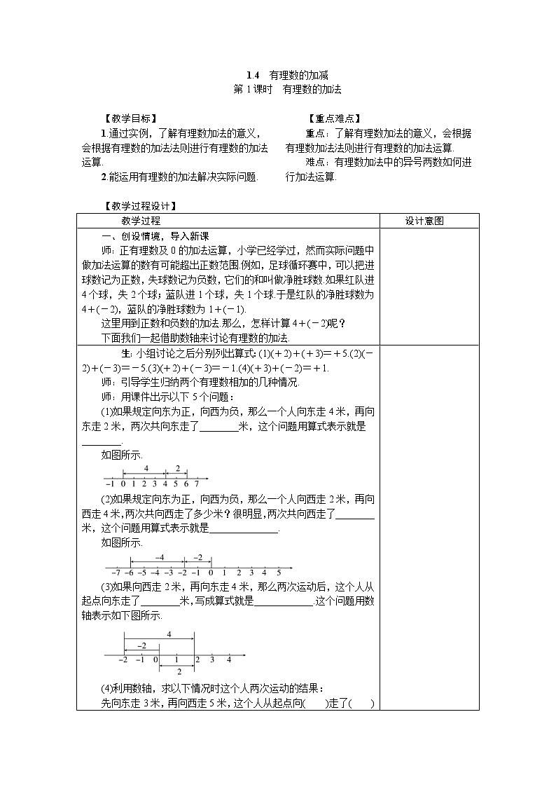 2020年沪科版七年级数学上册1.4.1有理数的加法 教案第1页