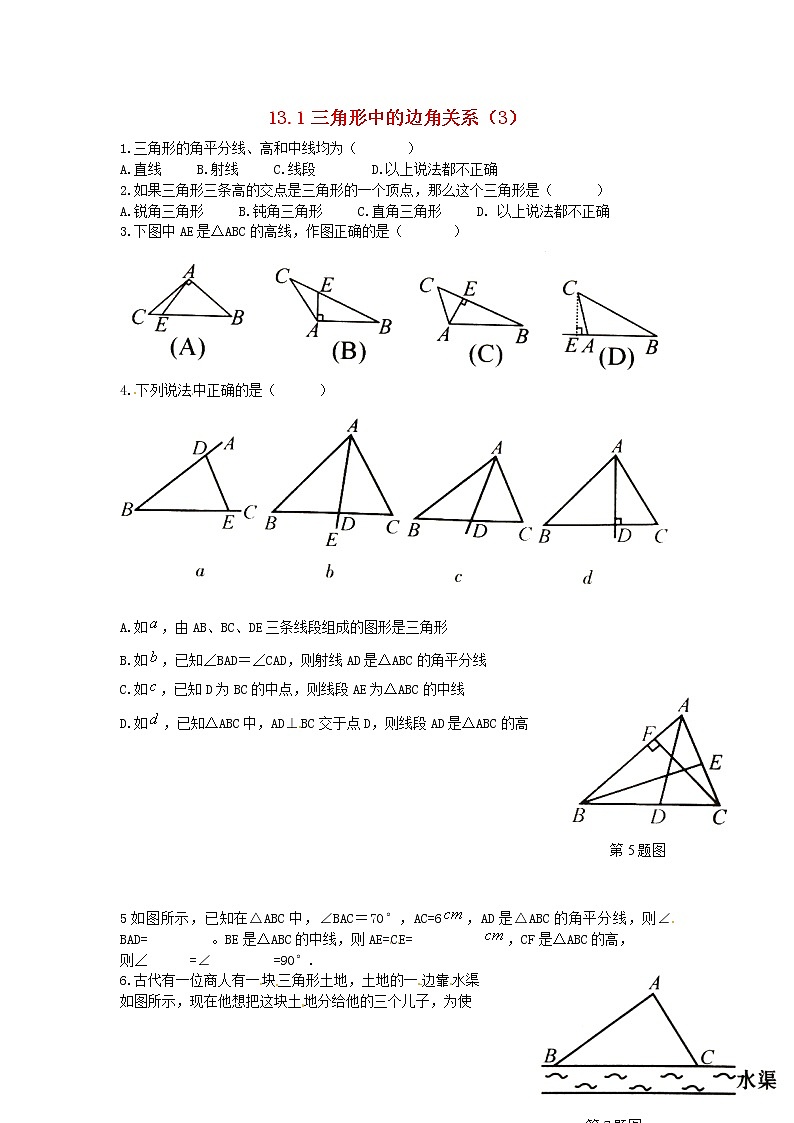 2020年沪科版八年级数学上册 13.1 三角形中的边角关系（3）作业本(无答案) 练习01