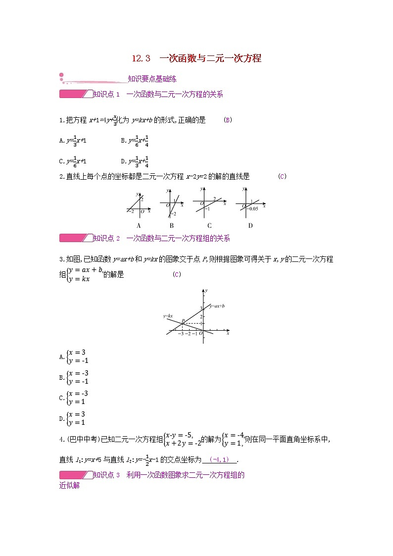 沪科版八年级数学上册12.3一次函数与二元一次方程 作业本（含答案） 练习01