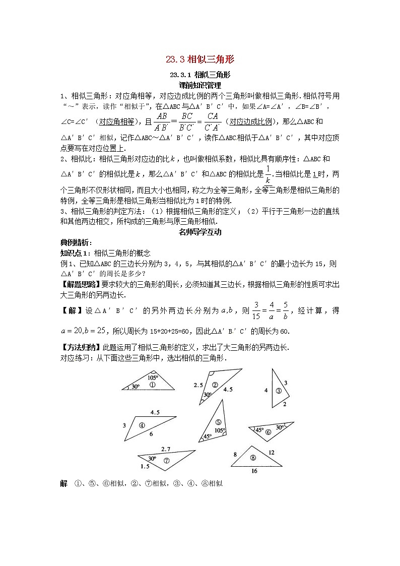 2020年华东师大版九年级数学上册23.3.1相似三角形 学案01