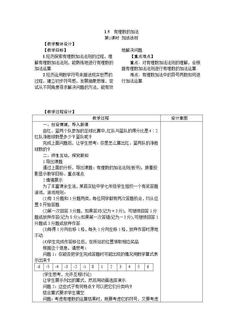 2020年冀教版七年级数学上册 1.5　有理数的加法 教案01