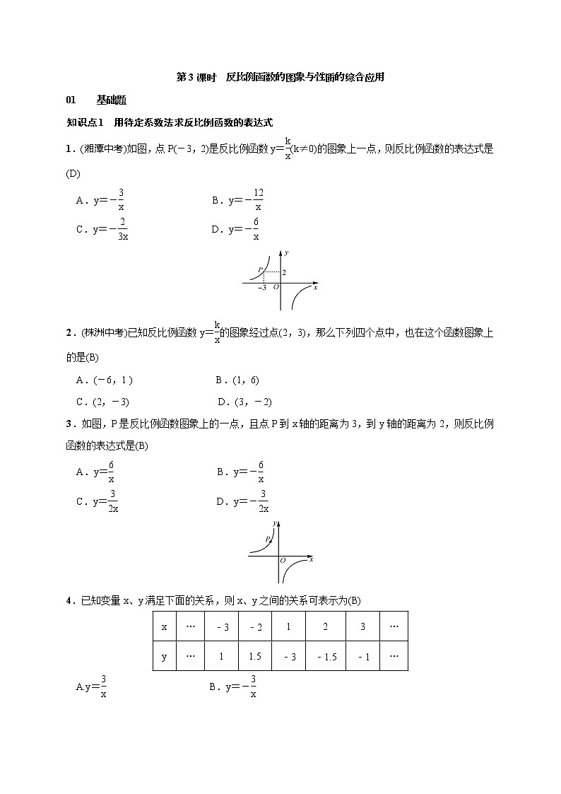 2020年湘教版九年级数学上册测试题1.2 第3课时　反比例函数的图象与性质的综合应用（含答案）01