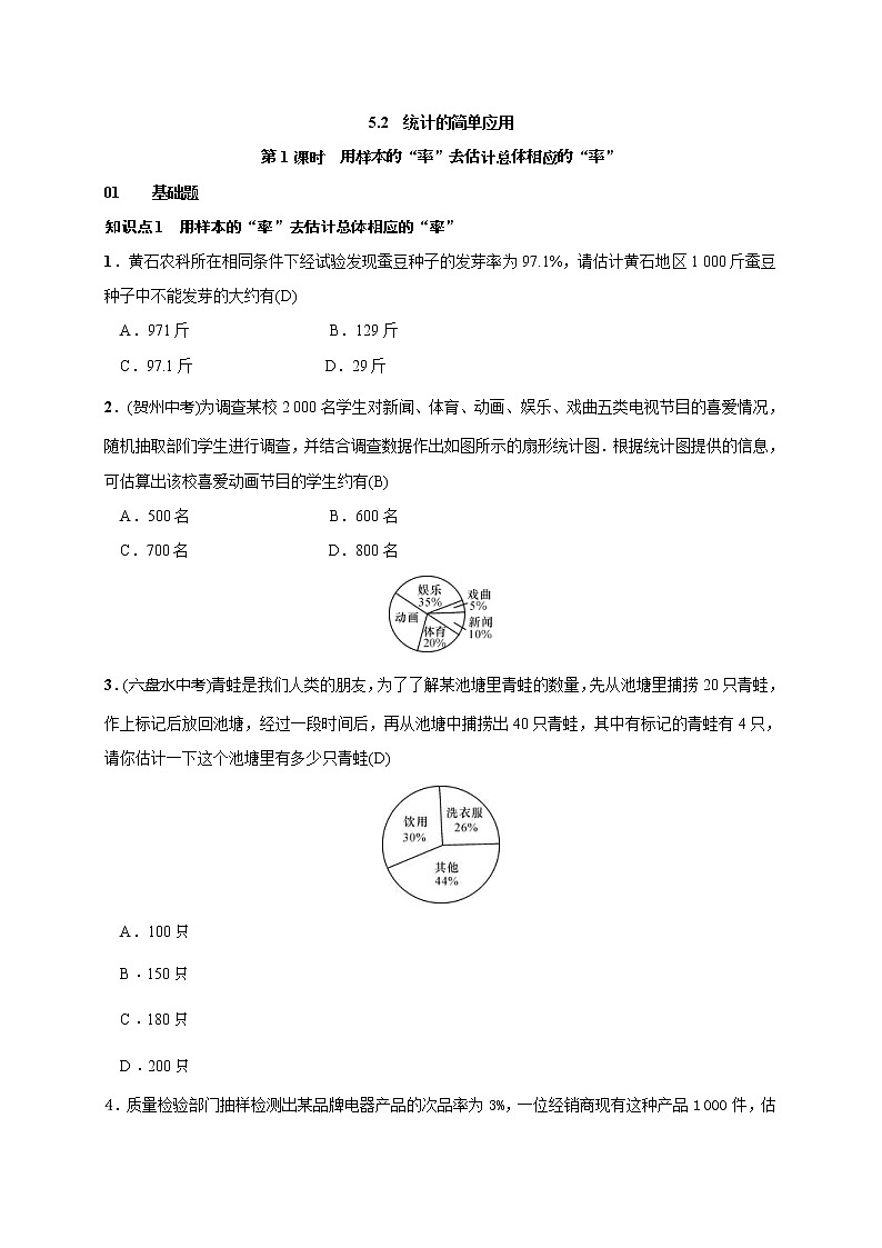 2020年湘教版九年级数学上册测试题5.2 第1课时 用样本的“率”去估计总体相应的“率”（含答案）01