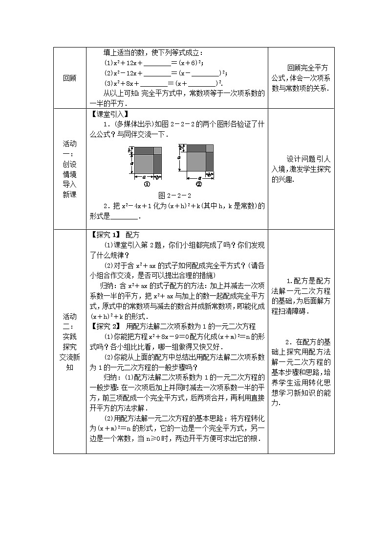 2020年湘教版九年级数学上册 2.2一元二次方程的解法2.2.1 第2课时 用配方法解二次项系数为1的一元二次方程 教案02