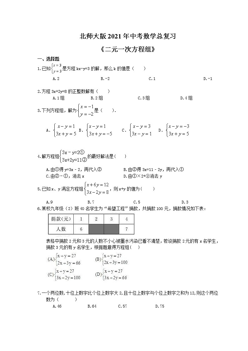 北师大版2021年中考数学总复习《二元一次方程组》（含答案）第1页
