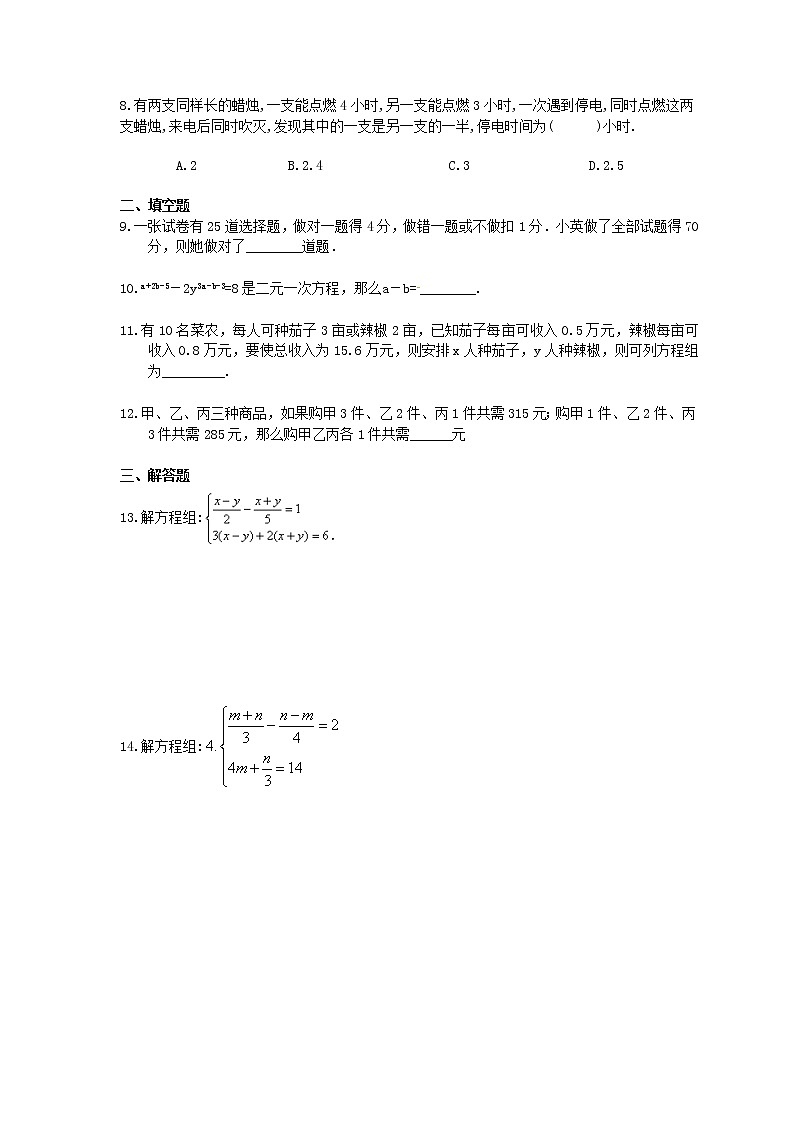 北师大版2021年中考数学总复习《二元一次方程组》（含答案）第2页