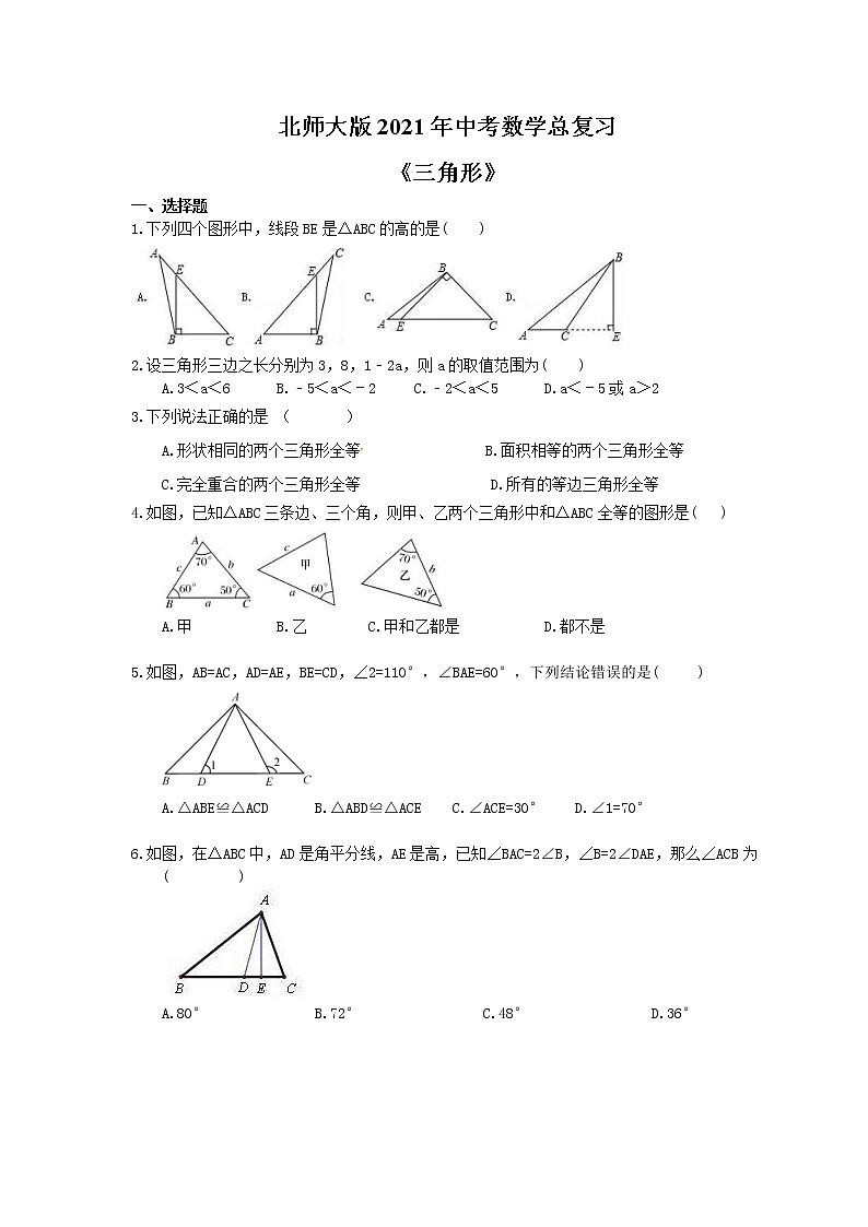 北师大版2021年中考数学总复习《三角形》（含答案）第1页
