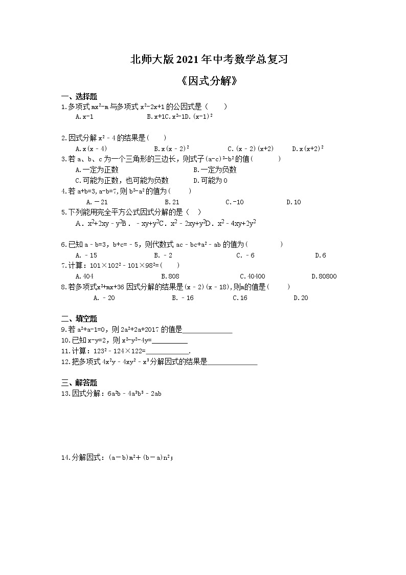 北师大版2021年中考数学总复习《因式分解》（含答案） 试卷01