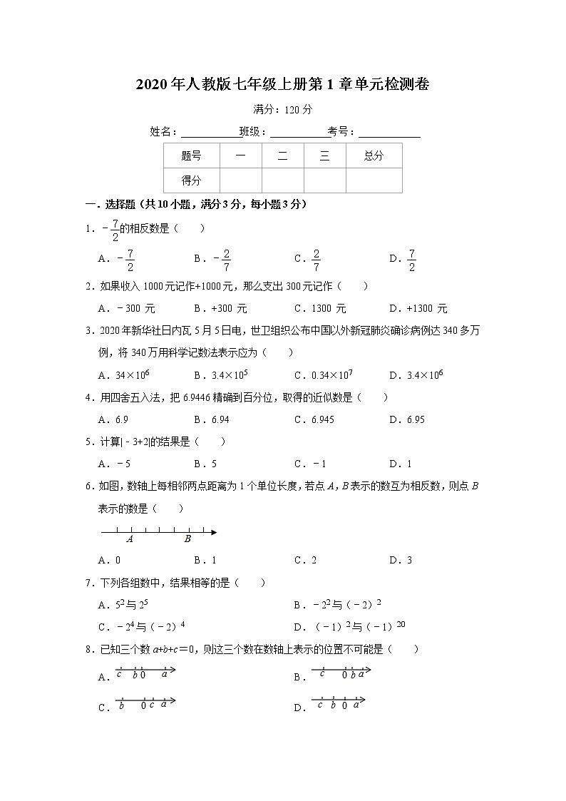 2020年人教版七年级上册第1章《有理数》单元检测卷   解析版01