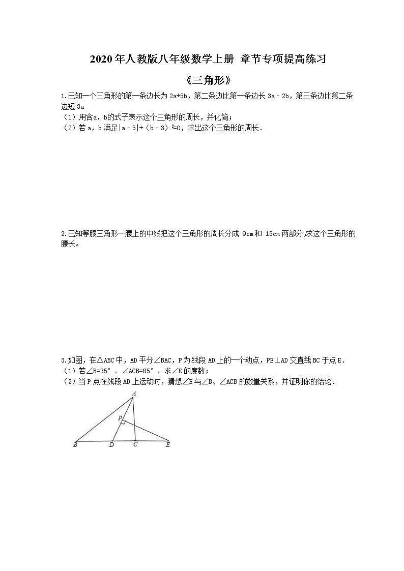 2020年人教版八年级数学上册 章节专项提高练习《三角形》(含答案)01