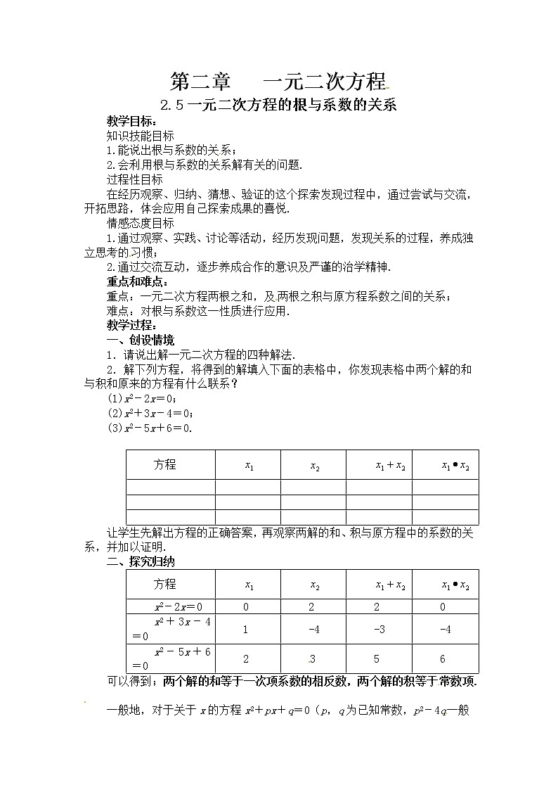 2.5一元二次方程根与系数的关系 教案01