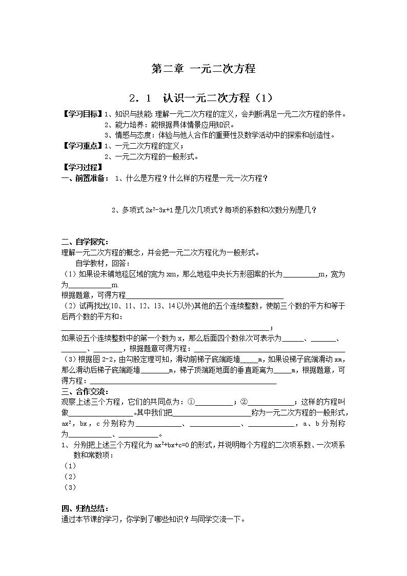 2.1 认识一元二次方程 学案101
