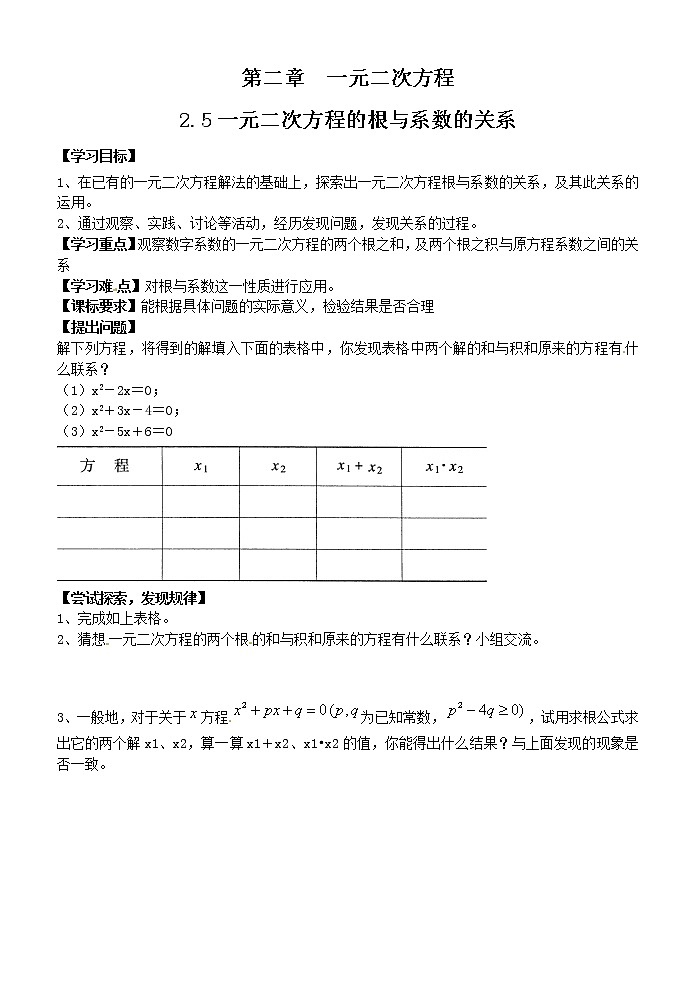 2.5一元二次方程根与系数的关系 学案01