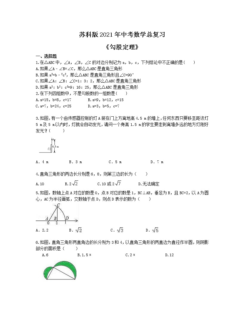苏科版2021年中考数学总复习《勾股定理》(含答案) 试卷01