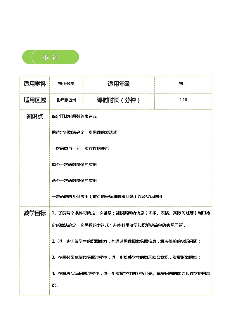 【北师大版秋季课程初二数学】第11讲：一次函数的应用_学生版 教案02