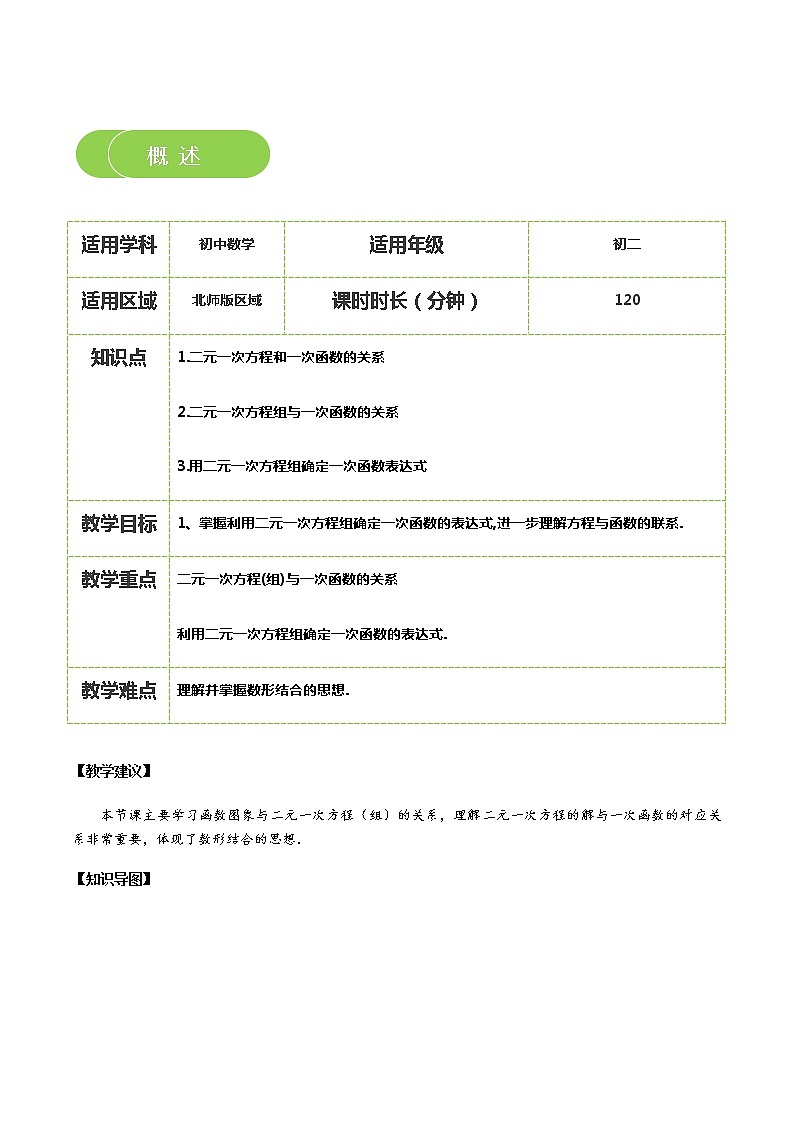 【北师大版秋季课程初二数学】第14讲：用二元一次方程组确定一次函数表达式_教师版 教案02