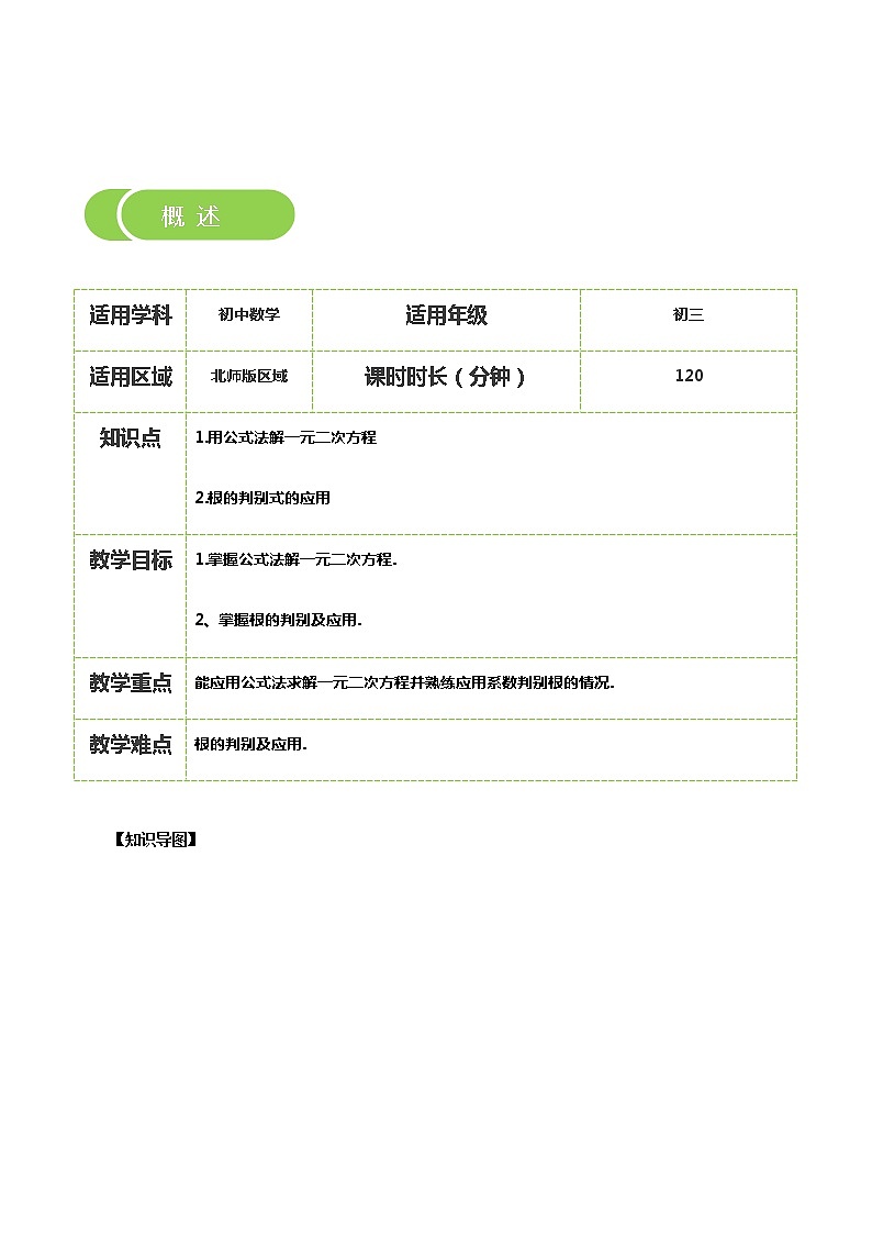【BSD版秋季课程初三数学】第5讲：公式法解一元二次方程_学生版 教案02