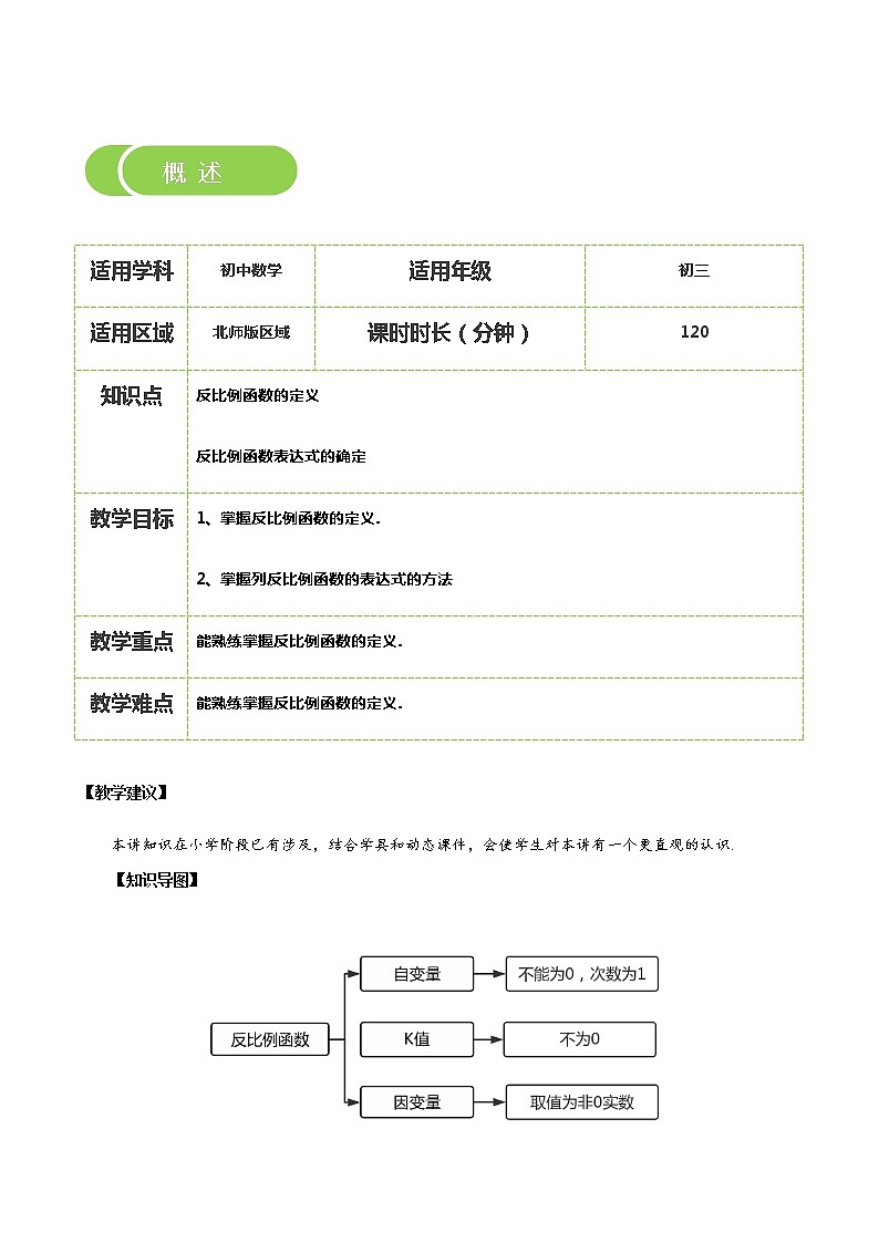 【BSD版秋季课程初三数学】第15讲：反比例函数_教师版 教案02