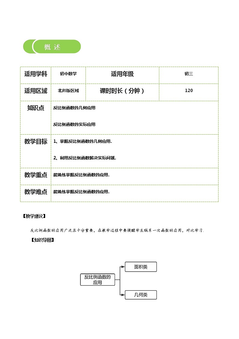 【BSD版秋季课程初三数学】第17讲：反比例函数的应用_教师版 教案02