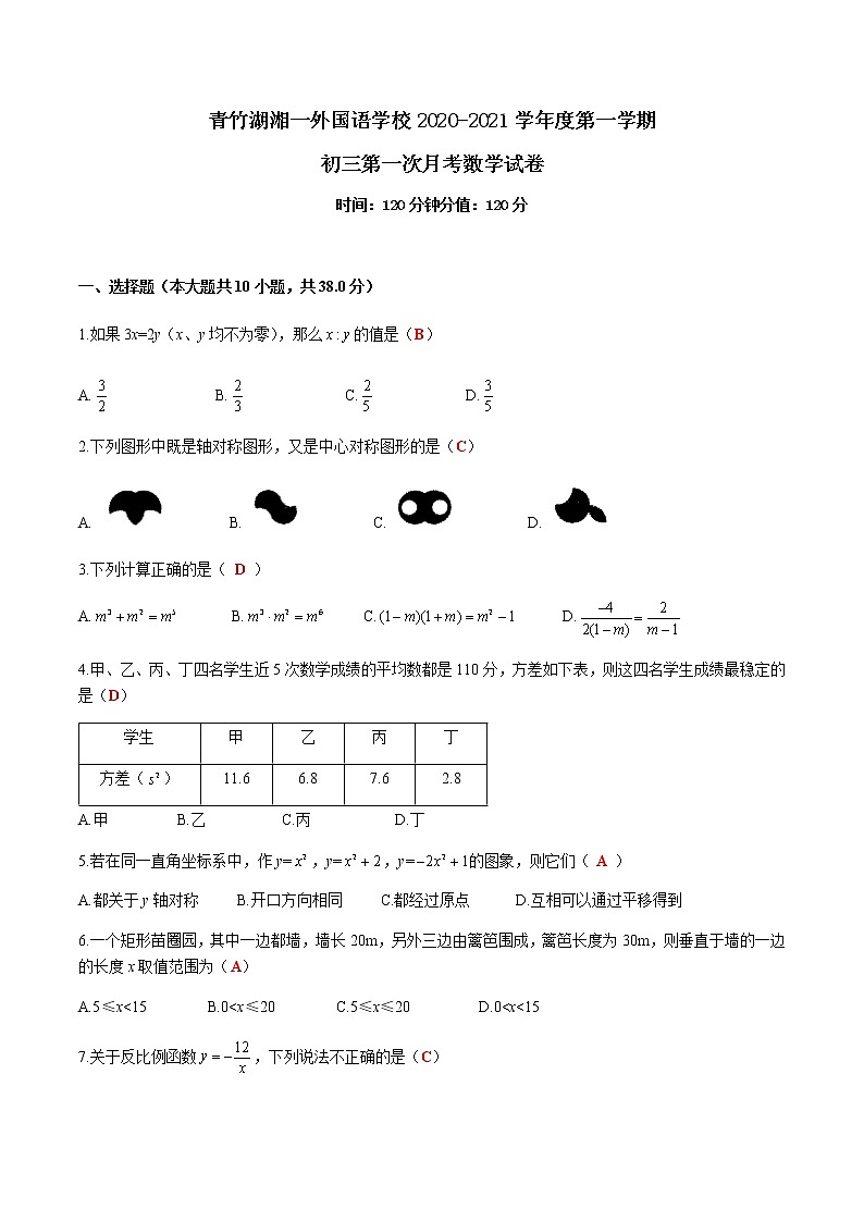 湖南省长沙市青竹湖湘一外国语学校2020-2021学年度初三年级第一学期第一次月考数学试卷-解析版01