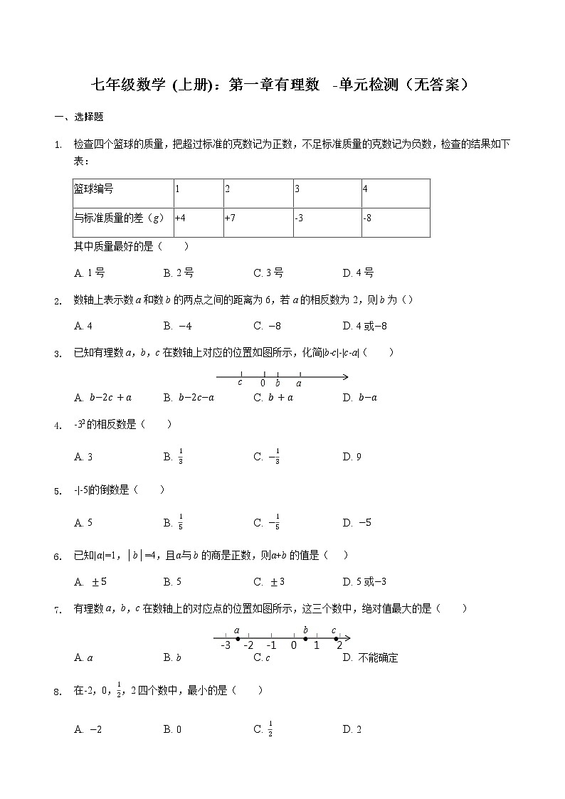 【精品习题】人教版-七年级数学上册：第一章 有理数 - 单元检测（无答案）第1页