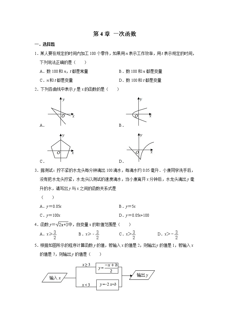 北师大版八年级数学上册 第4章 一次函数  单元练习第1页