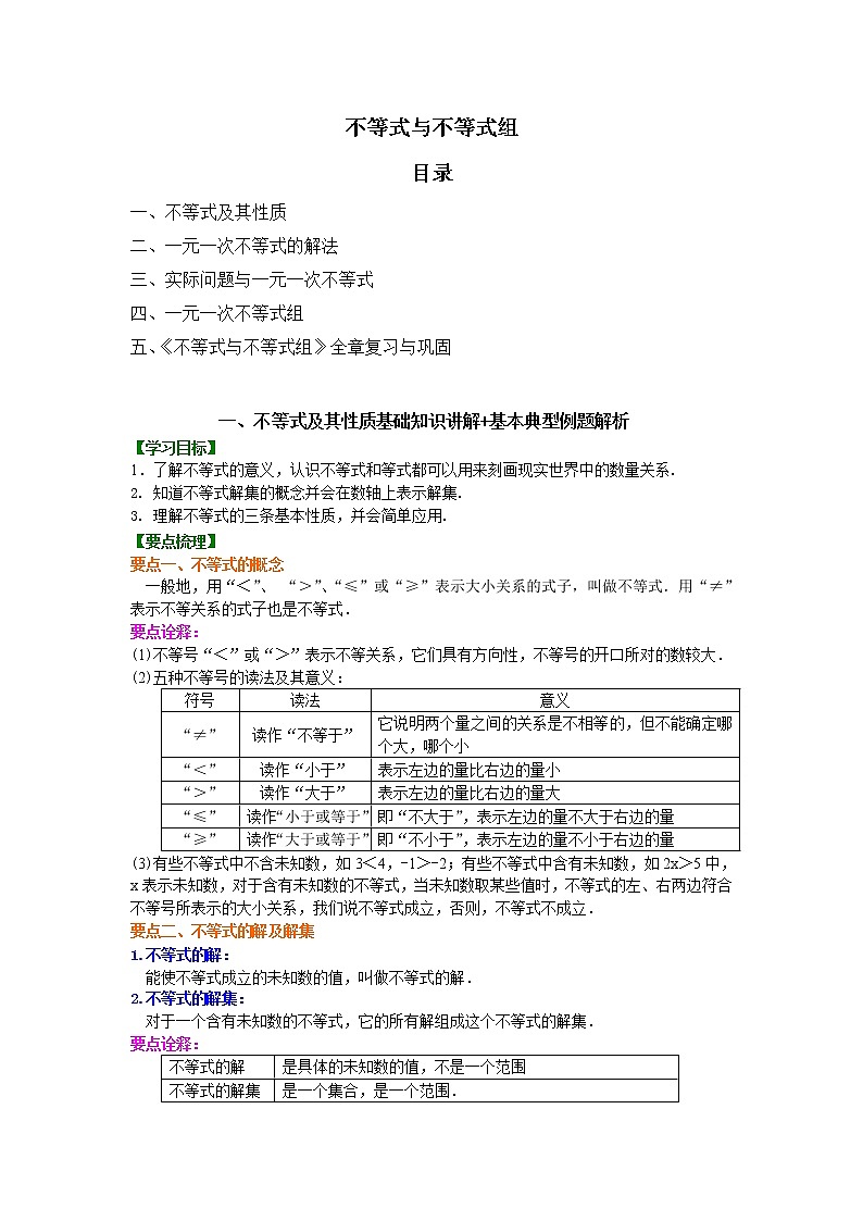 不等式与不等式组 基础知识详解+基本典型例题解析第1页