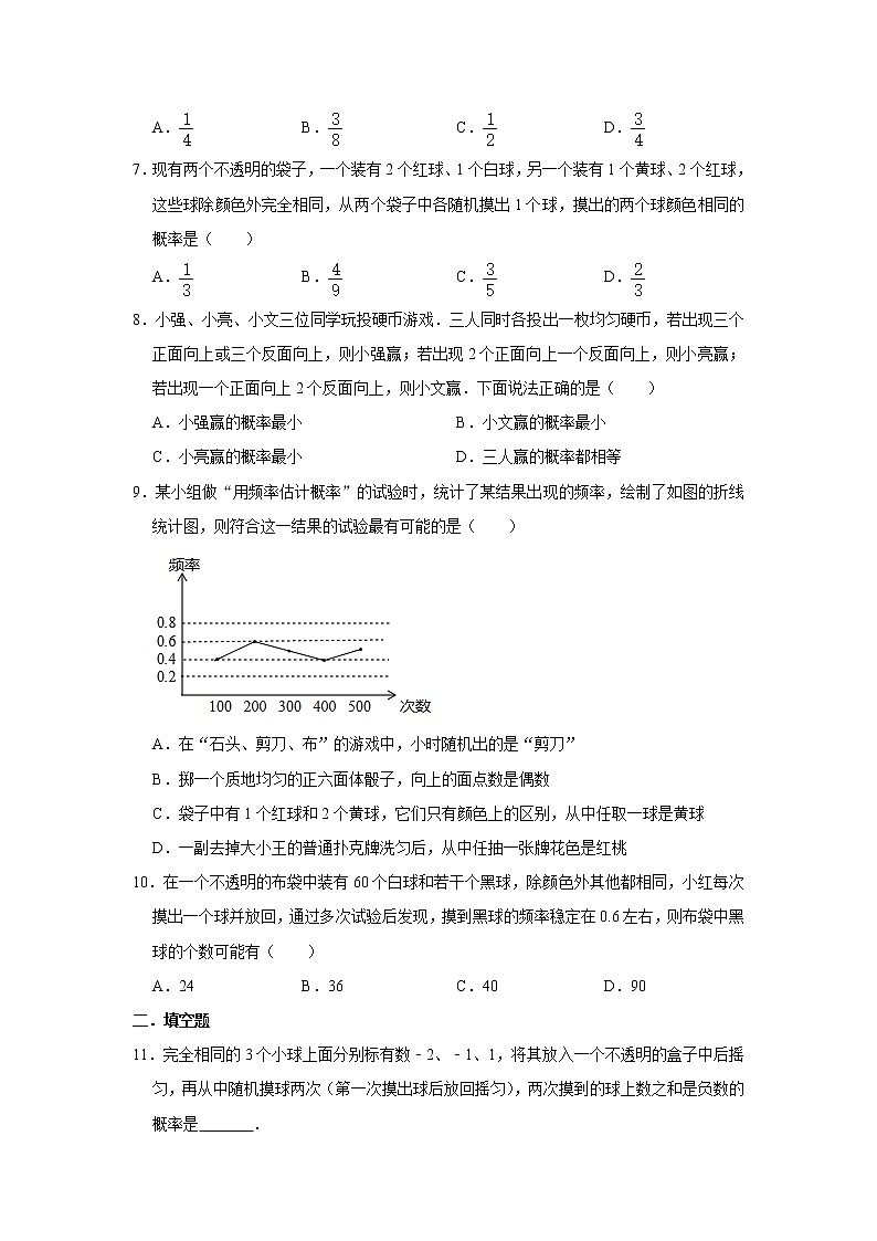 人教新版九年级数学上学期 第25章 概率初步  单元练习卷02