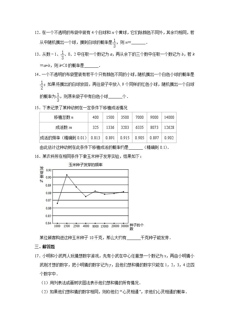 人教新版九年级数学上学期 第25章 概率初步  单元练习卷03
