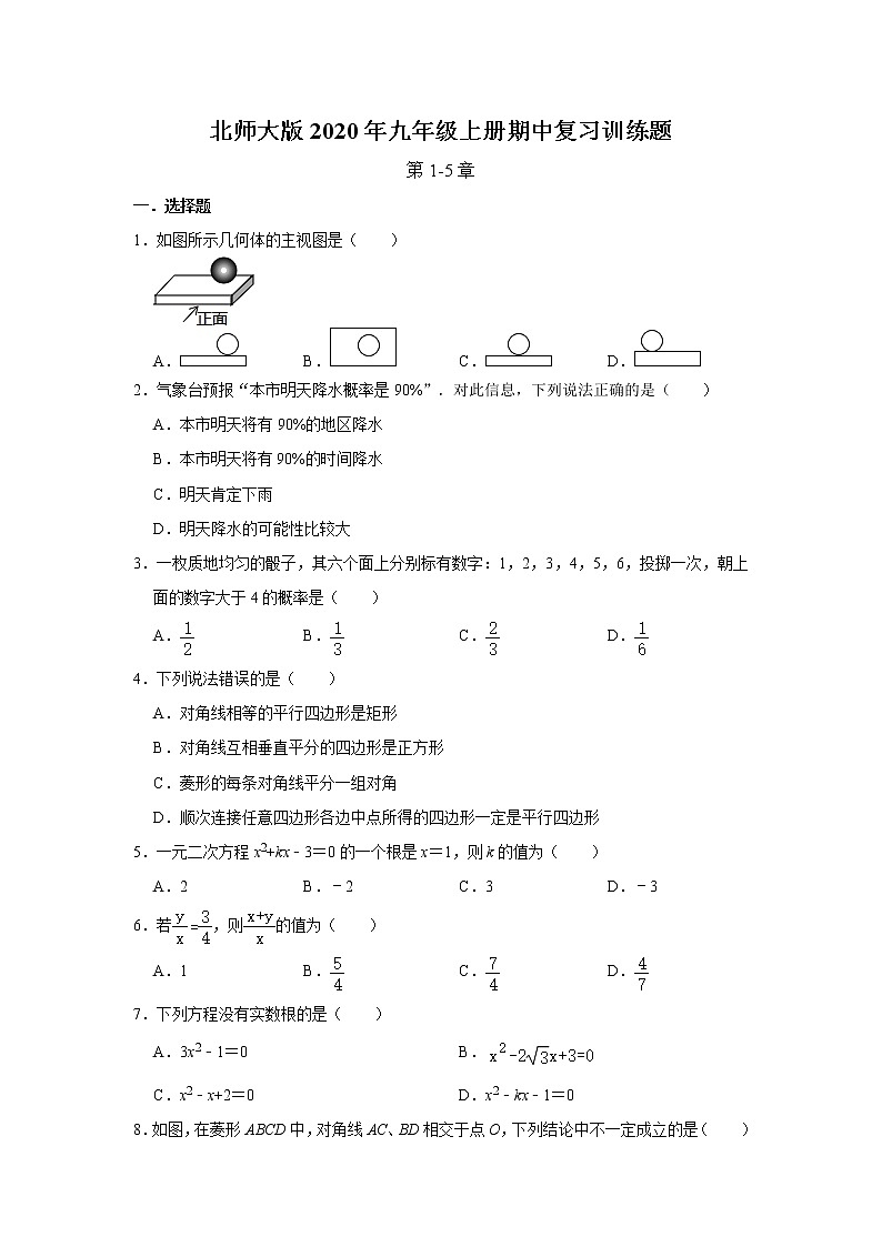 北师大版2020年九年级上册期中复习训练题  解析版01