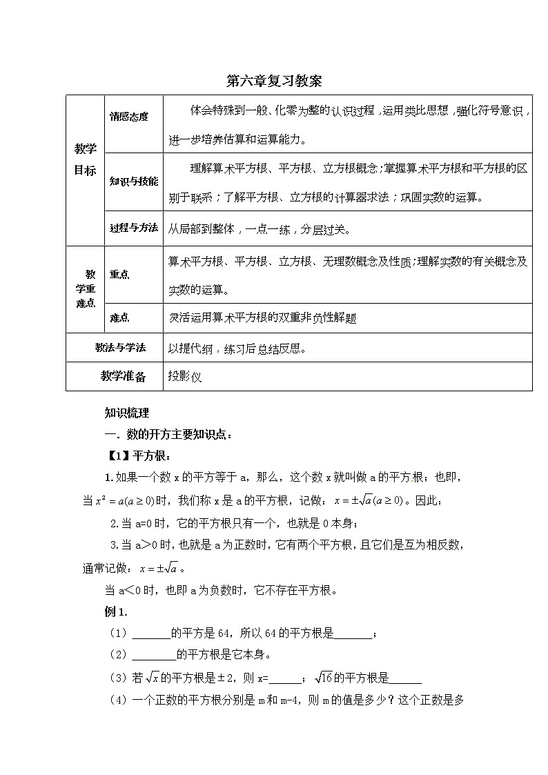 人教版2021年七年级数学下册第06章 《实数》小结与复习教案设计01