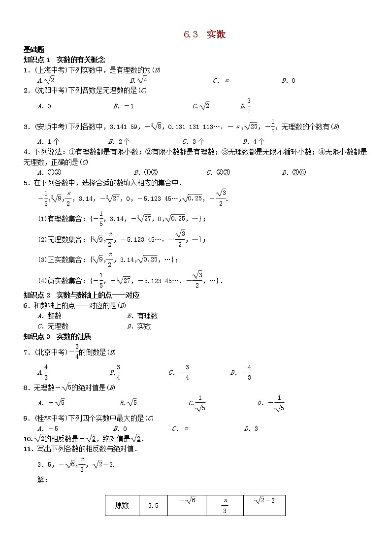 人教版2021年七年级数学下册6.3《实数》习题(含答案)01