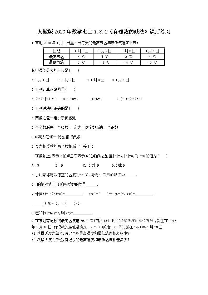 人教版2020年数学七上1.3.2《有理数的减法》课后练习（含答案）01