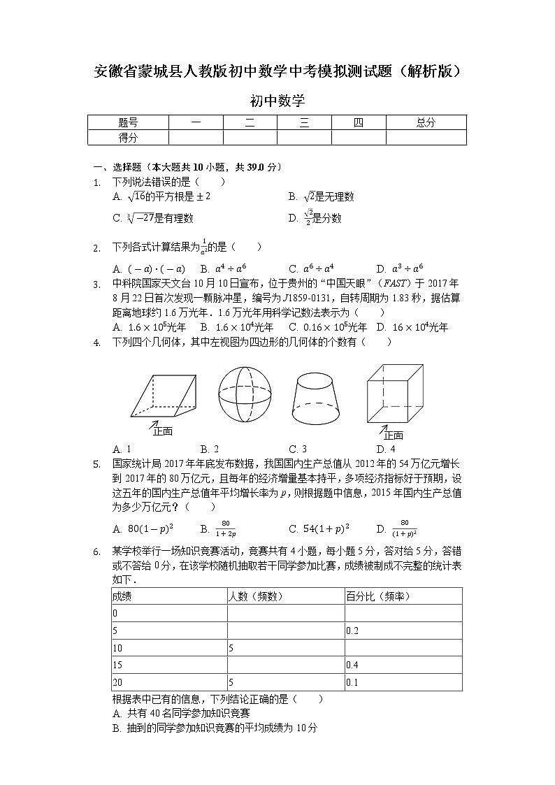 安徽省蒙城县人教版初中数学中考模拟测试题（解析版）-普通用卷01