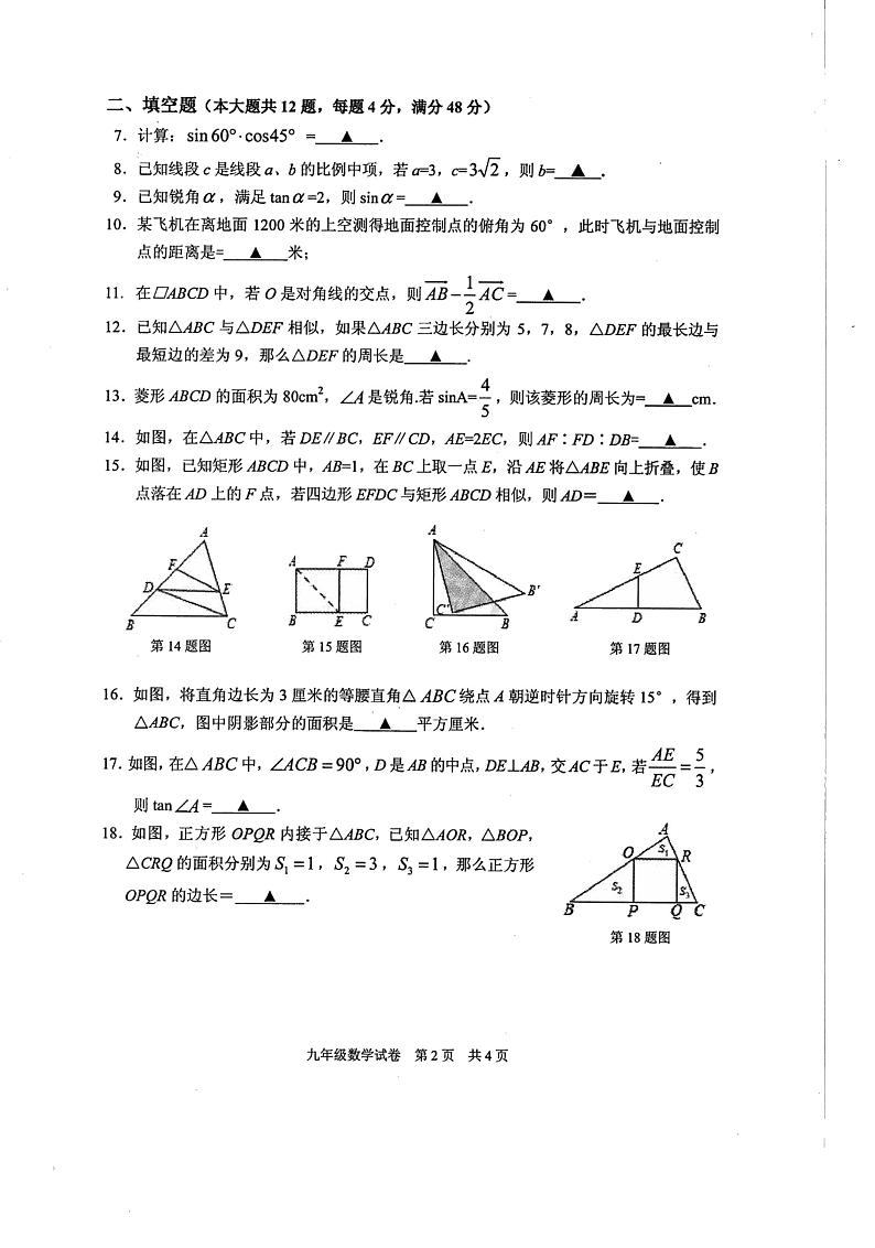 2020-2021学年上海市浦东第四教育署九年级上期中数学试卷  PDF版02