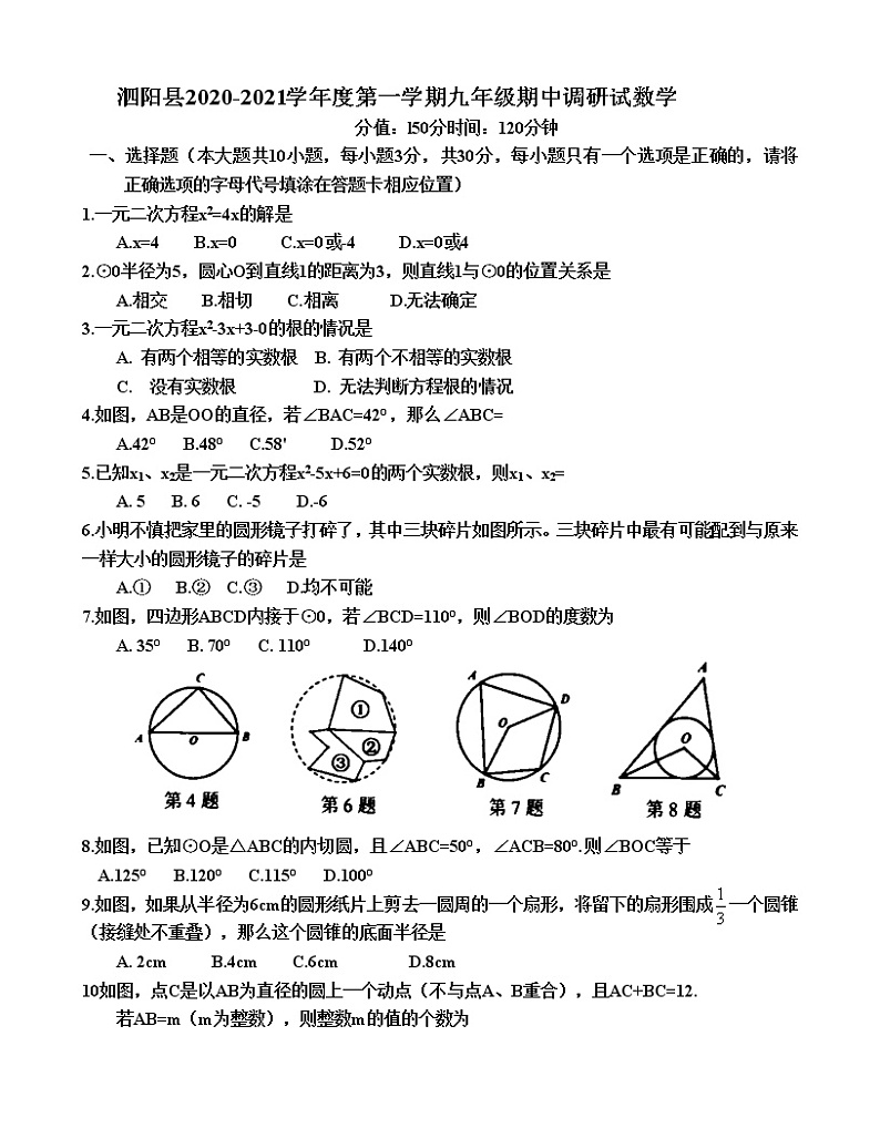 江苏省泗阳县2020-2021学年度第一学期九年级期中调研试数学 试卷01