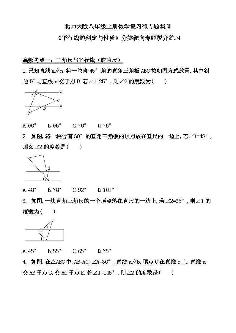 北师大版八年级上册数学复习微专题集训《平行线的判定与性质》分类靶向专题提升练习第1页