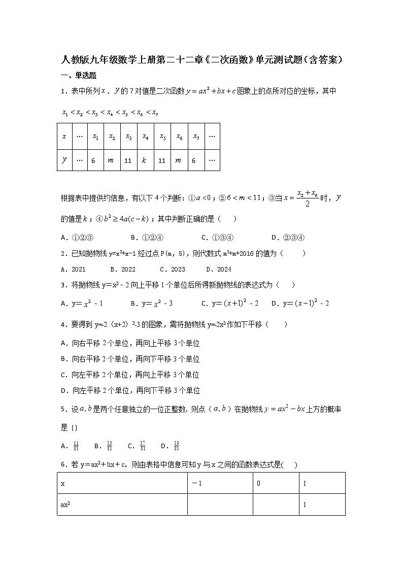 人教版九年级数学上册第二十二章《二次函数》单元测试题（含答案） (1)01