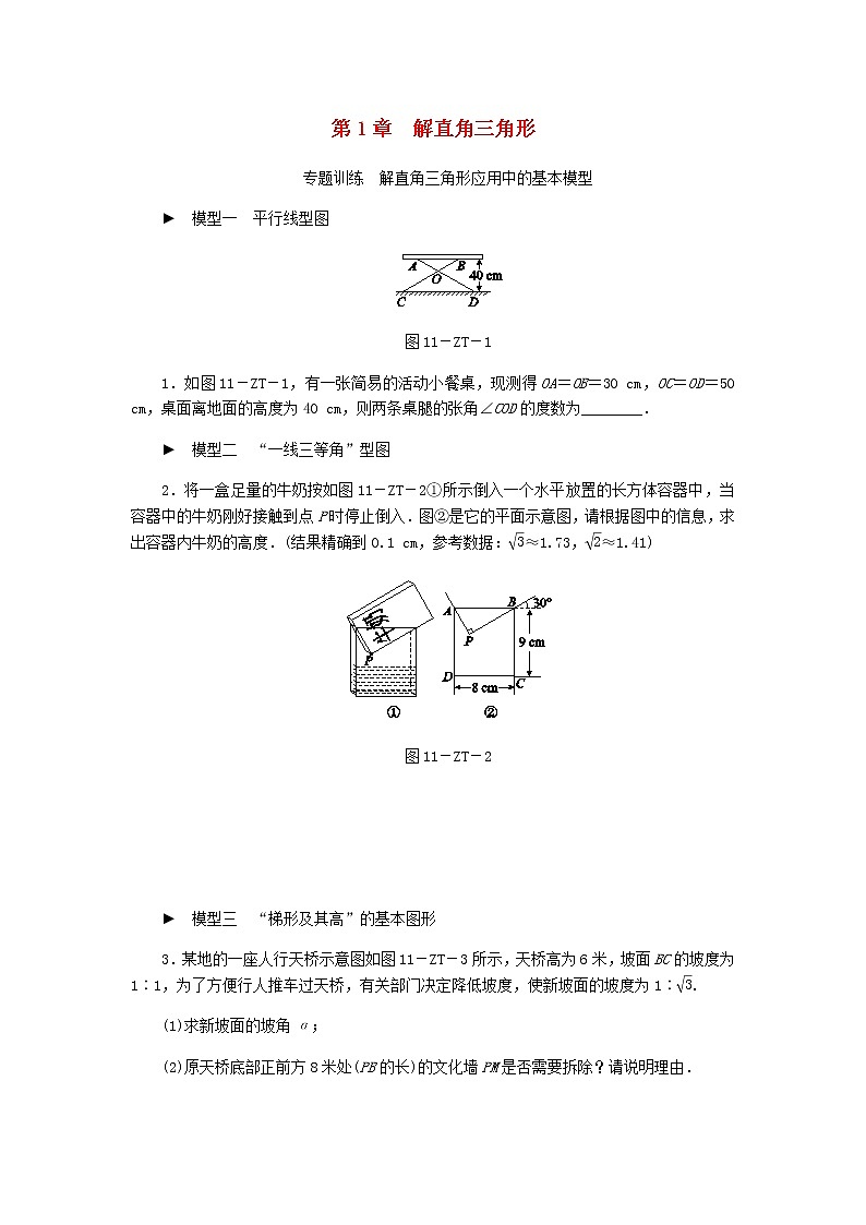 浙教版九年级数学下册第1章解直角三角形专题训练解直角三角形应用中的基本模型01