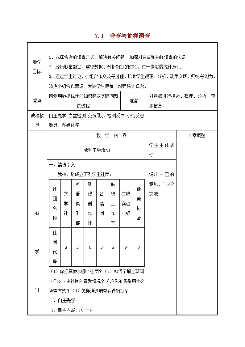 2021年苏科版八年级数学下册7.1普查与抽样调查2教案01